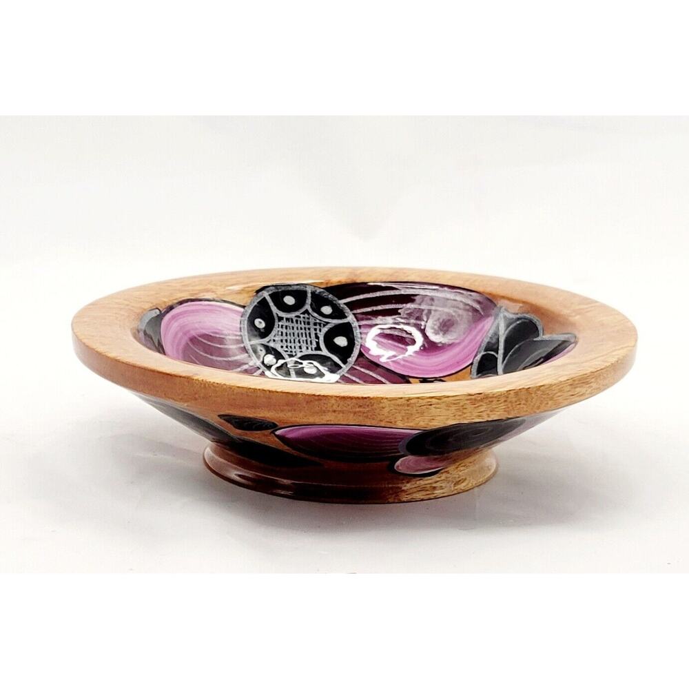Hand Painted Wooden Trinket Bowl Purple/ Black & Silver Floral 6.5" Diameter